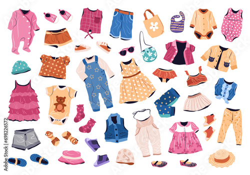 Casual clothes set for kids. Summer and spring fashion garments for boys and girls. Collection of stylish children wearing. isolated flat vector illustrations on white background.