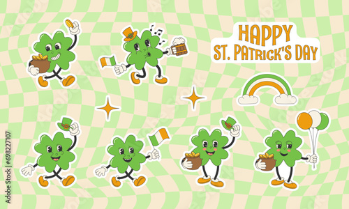 Cartoon character shamrock clover in retro groovy style. Set of stickers for St. Patrick's Day. 70s, 80s.Vector stock illustration.