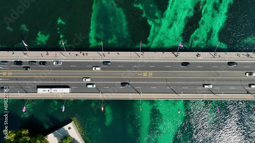 Cloudy day geneva city famous central riverside lake traffic bridge aerial panorama