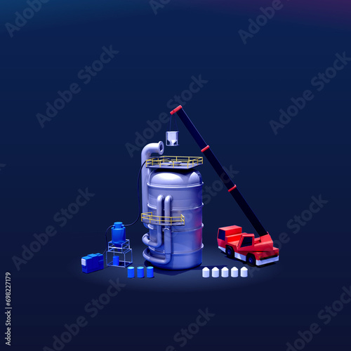 Foto 3d render of oil refinery tanks with catalyst replacement equipment on dark viol