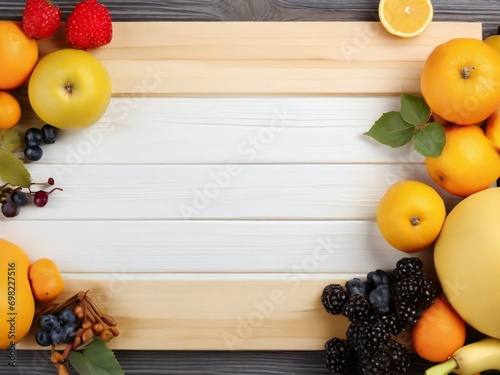 Fruits and berries on wooden background. Top view with copy space