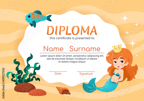 Diploma certificate horizontal template with cute little mermaid, fish, seaweed. Vector background for school, preschool, kindergarten. Funny underwater animals in cartoon style.