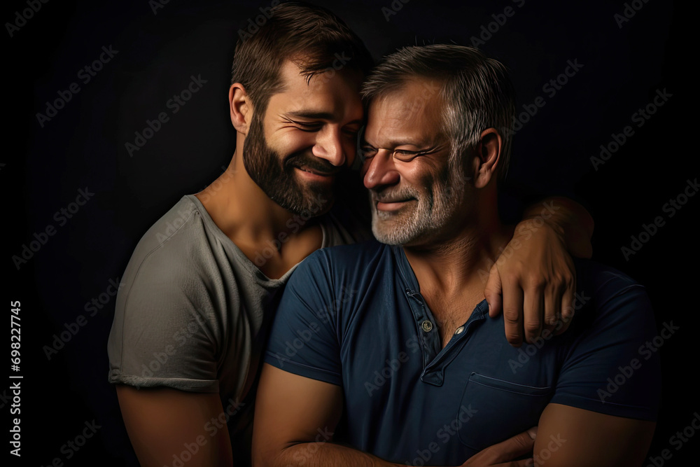portrait of a couple. portrait of two men over 40, cute gay couple, hugging each other in a romantic atmosphere. portrait of a couple. portrait of two men over 40, cute gay couple, hugging each other in a romantic atmosphere.