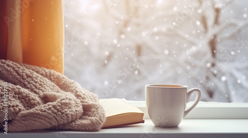 Winter background. tea cup, book