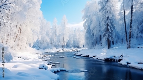 Winter river in snow forest landscape. Frozen river water in winter © Chingiz