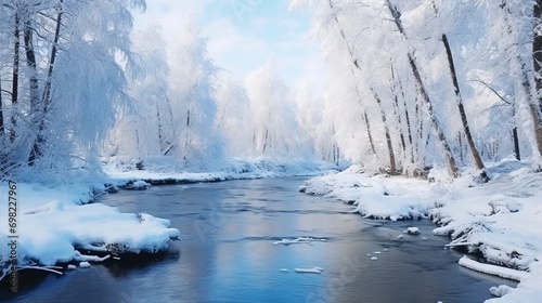 Winter river in snow forest landscape. Frozen river water in winter