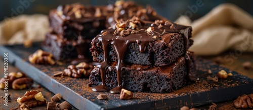 Stack of chocolate brownie cakes with melted chocolate and walnuts. photo