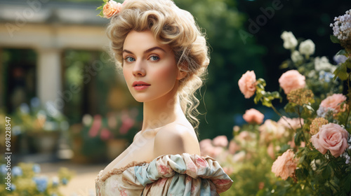 beautiful young woman dressed in 18th century style, antique fluffy dress, rococo, corset, wig, portrait, girl, garden, park, palace, countess, princess, lady, marquise, duchess, romantic, elegance photo