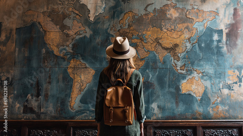 A professional traveler dressed in an elegant casual outfit with a backpack and suitcases examines a flat world map on the wall in the form of an installation
