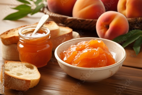 Peach marmalade and peaches with fresh bread for breakfast on wooden table. photo