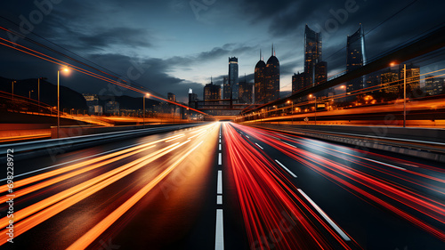 Abstract blurred colorful lighhts background in night city, bokeh shiny blurred glowing street cityscape