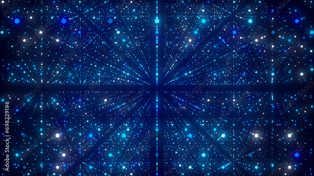 Fototapeta premium Abstract futuristic infinity speed background. Digital hyperspace with stars explosion. Dynamic motion particles on blue backdrop. Blue hyper jump. 3D rendering.