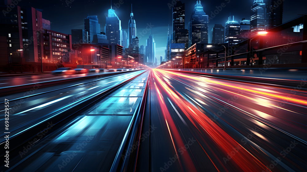 Obraz premium Abstract blurred colorful lighhts background in night city, bokeh shiny blurred glowing street cityscape
