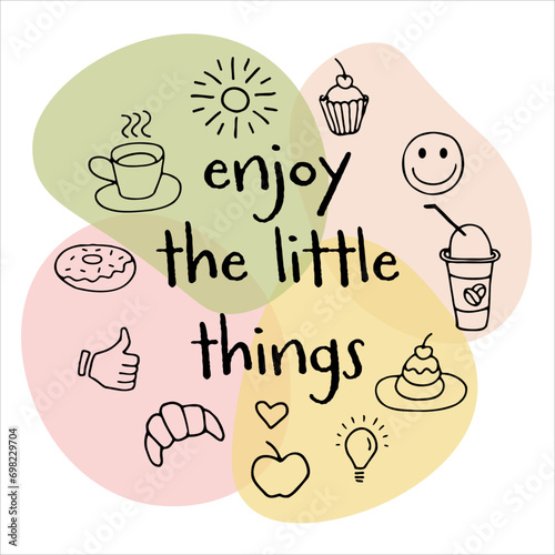 Enjoy the little things. Aesthetic doodle set of hand drawings, handmade sketches. Food and Drink, fast food doodles vector set in line style