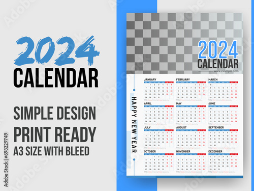 2024  single page wall calendar, vertical A3 format, week starts Sunday. Simple style annual calendar template for home, business or office. Minimal design print ready annual planner.