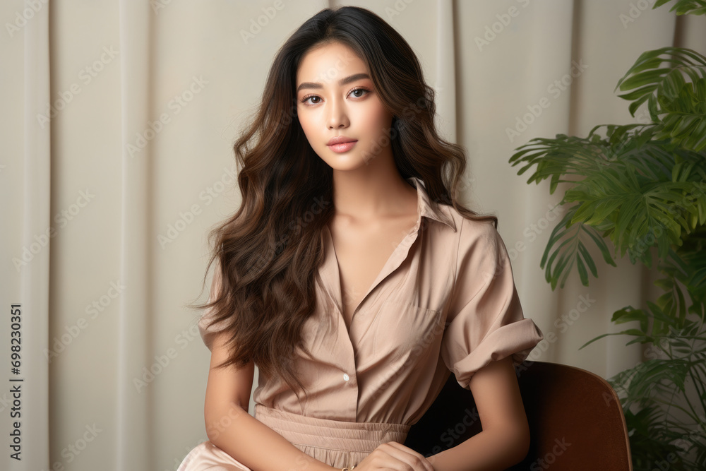 Woman sitting in chair wearing pink dress. Suitable for fashion, lifestyle, and feminine themes. Woman sitting in chair wearing pink dress. Suitable for fashion, lifestyle, and feminine themes.