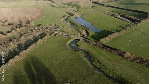 Road Bridge Welland River Valley Grass Field UK Countryside Aerial Landscape Autumn Winter photo