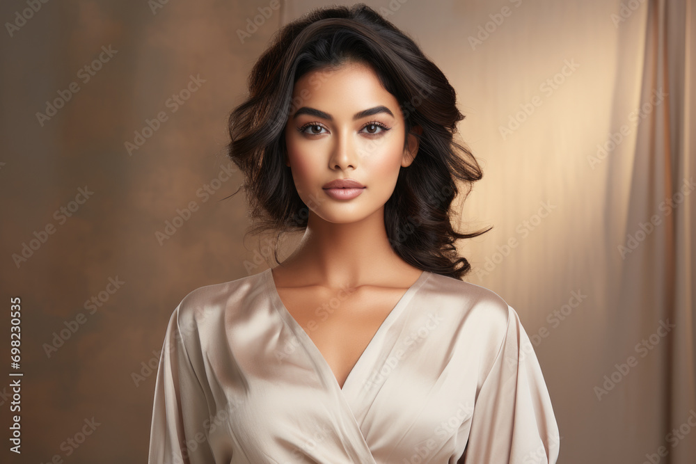 Woman in beige dress posing for picture. Perfect for fashion and lifestyle blogs or websites. Woman in beige dress posing for picture. Perfect for fashion and lifestyle blogs or websites.