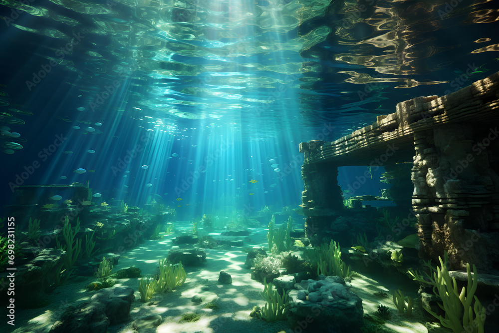 Obraz premium Blue underwater background sea and ocean marine life