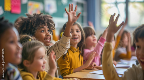 Pupils raise their hands in class