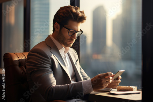 Man sitting at table using cell phone. Suitable for technology and communication concepts.