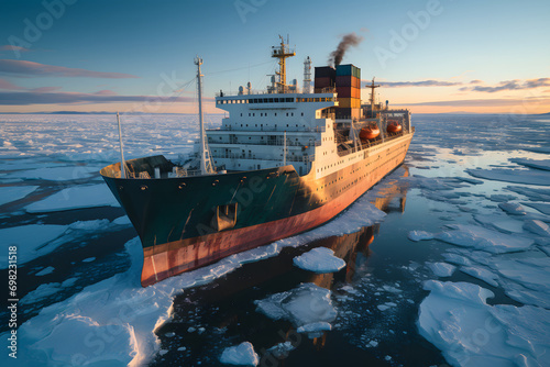 Cargo ship driving through frozen sea with colorful containers.
