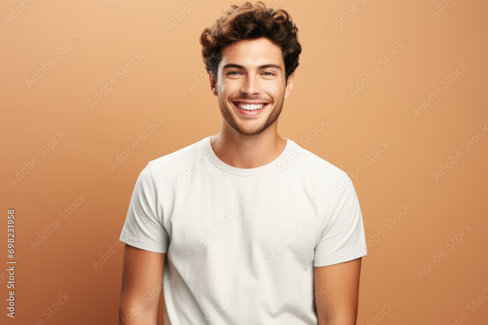 Man wearing white t-shirt smiles at camera. This picture can be used for various purposes.
