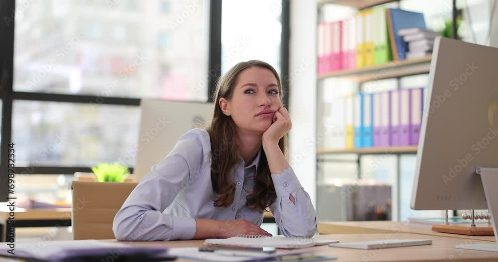 Sleepy businesswoman is bored at work near computer 4k movie slow motion Sleepy businesswoman is bored at work near computer 4k movie slow motion