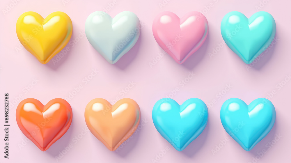 Group of different colored hearts on pink surface. Perfect for expressing love and affection.