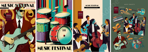 Music, Musical group at the festival or concert
Vector illustration of people, musicians playing musical instruments: guitar, drums, cello, saxophone, electric guitar for retro poster or invitation 