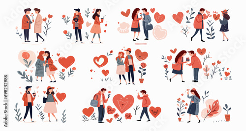 Set of people in love. Cartoon art and cute sticker about love and feelings. Use card for Valentines day or romantic date and invitation or declaration of love. Heart and romantic vibe.