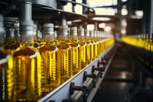 A line of bottles of oil on a conveyor belt.