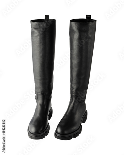 Trendy fashionable black leather knee high women pair boots isolated on white