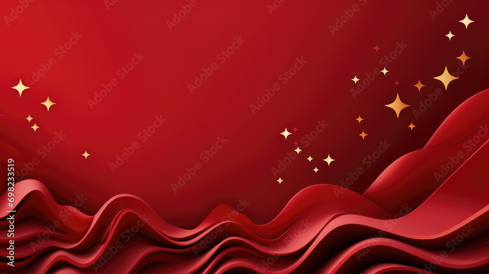Vibrant red background adorned with sparkling gold stars and flowing waves. Perfect for adding touch of glamor and excitement to any design or project. Vibrant red background adorned with sparkling gold stars and flowing waves. Perfect for adding touch of glamor and excitement to any design or project.