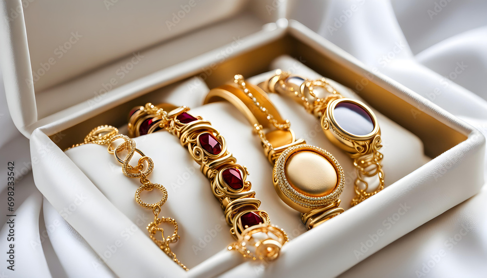 White taffeta velvet box full of gold bracelets and jewelry