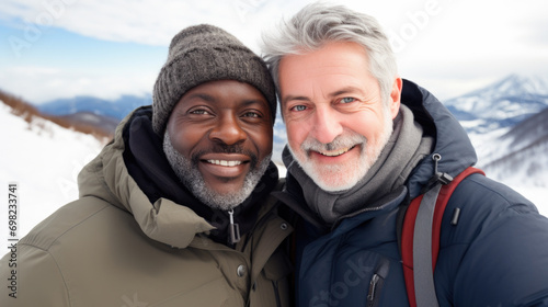 Two men are standing side by side in snow. This image can be used to depict friendship, teamwork, or winter activities.