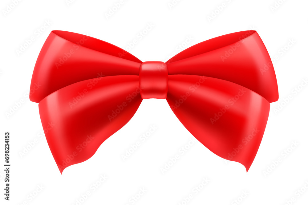 Beautiful red bow made of satin ribbon, isolated on white background. Can be use for decoration gifts, greetings, holidays, for the design of compositions. Realistic 3d vector illustration. Beautiful red bow made of satin ribbon, isolated on white background. Can be use for decoration gifts, greetings, holidays, for the design of compositions. Realistic 3d vector illustration.