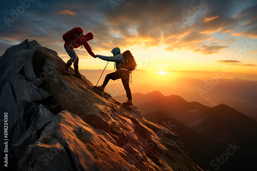 a mountaineer helps his friend reach the top of the mountain