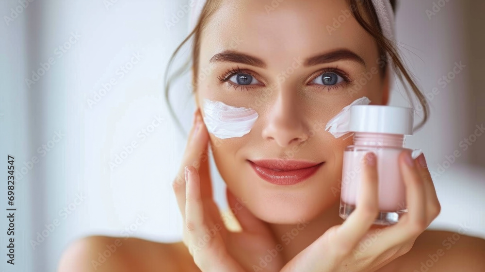 Woman holding jar of cream and applying it to her face. Suitable for skincare and beauty concepts. Woman holding jar of cream and applying it to her face. Suitable for skincare and beauty concepts.