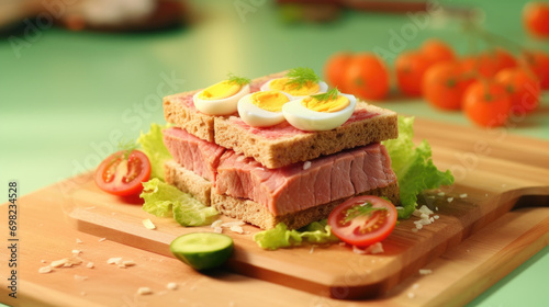Delicious sandwich with fresh tomatoes and cucumbers, perfect for quick and healthy meal. Can be used in food and cooking-related projects.