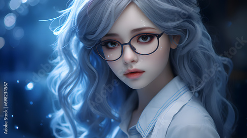 Portrait of a girl in glasses with blue hair. Neural network AI generated art © mehaniq41