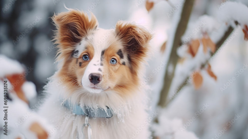 Brown and white dog standing in snow. Perfect for winter-themed designs and pet-related projects.