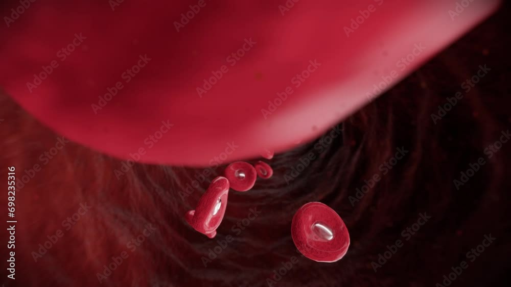 Red blood cells transfers oxygen molecules from lungs to other human organs. 3D animation camera follows the circulatory system and red blood cells with oxygen. Blood fluid in the human body artery.