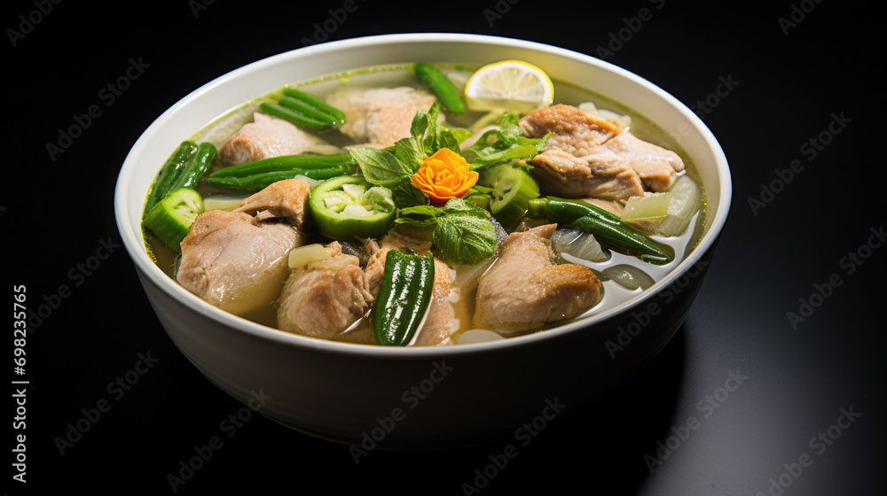 Bowl of soup with meat and vegetables. Can be used for food-related designs and recipes.