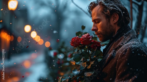 A man holding a red rose in the snow. Celebrate Valentine's Day with a mature romance photo