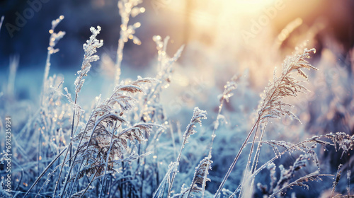 Picture of field covered in frosty tall grass. Perfect for winter-themed designs and nature backgrounds. © vefimov