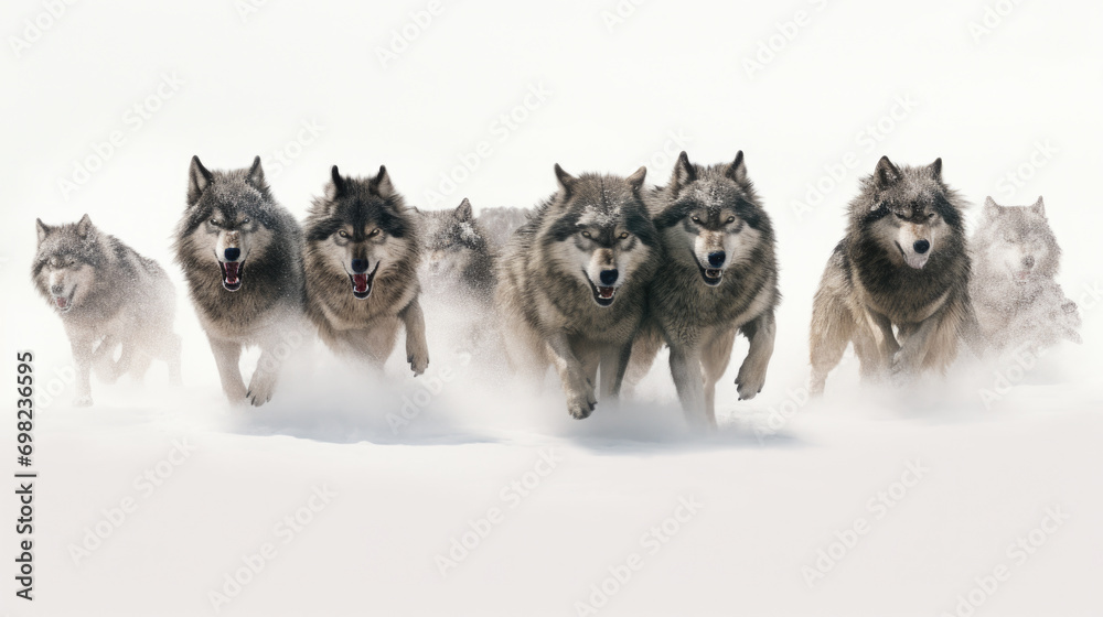 Group of wolves running together in snow. Perfect for nature and wildlife-themed projects. Group of wolves running together in snow. Perfect for nature and wildlife-themed projects.