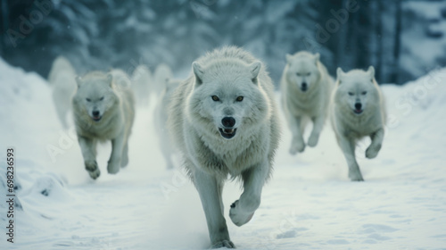Captivating image of group of white wolves running in snow. Perfect for nature and wildlife enthusiasts.