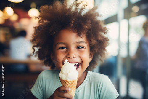 Adorable smiling girl with curly hair eating ice cream at cafe  lifestyle concept