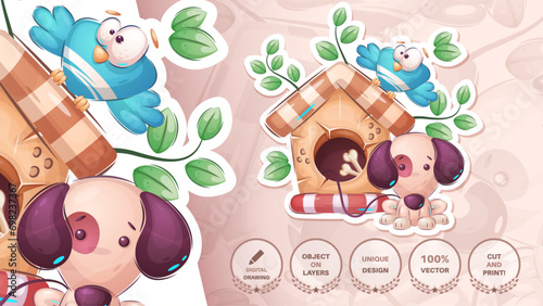 Dog and bird - cute sticker